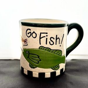 Vintage Go Fish Fishing Lures Coffee Mug Cup Green  EUC!! Father’s Day Gift Idea